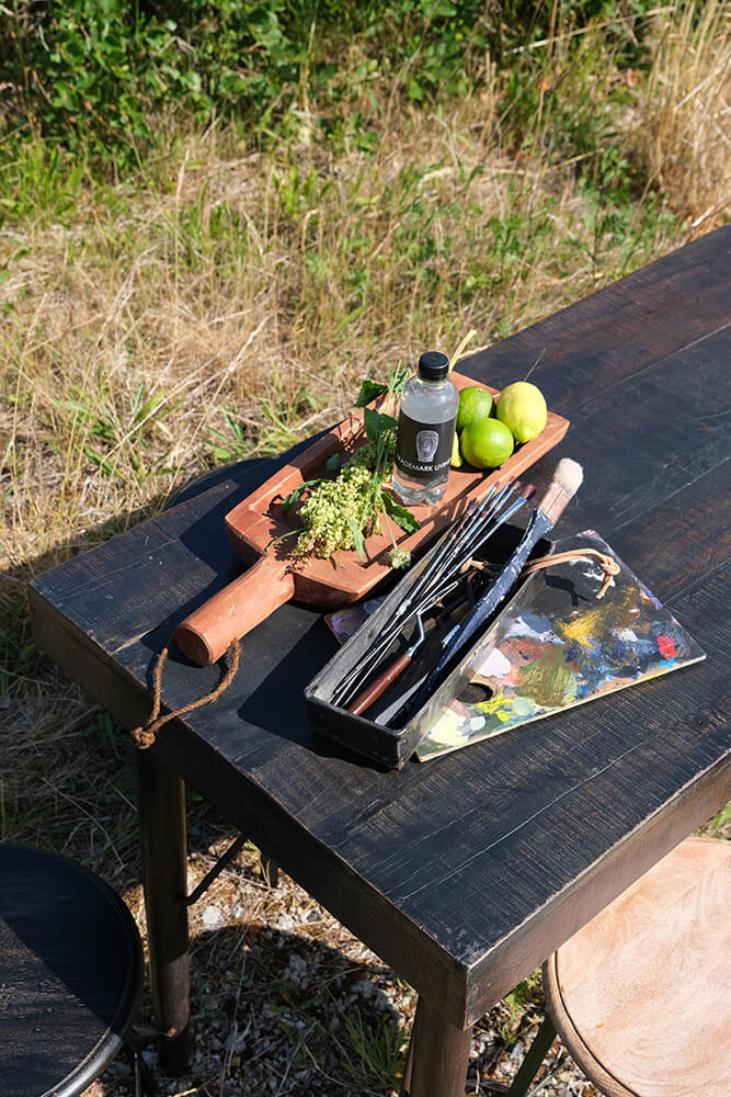 et picnicbord med en kniv, frugt og bestik på det