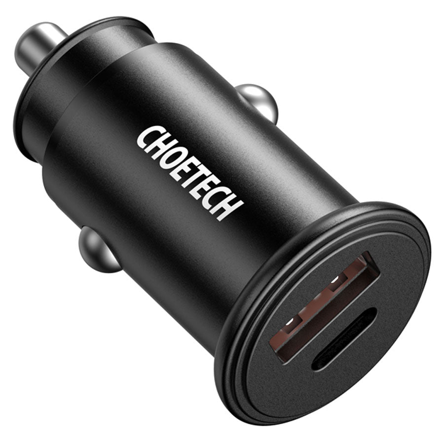 Choetech 30W USB-C PD+ USB-A QC Car Charger, Sort - HjemTek