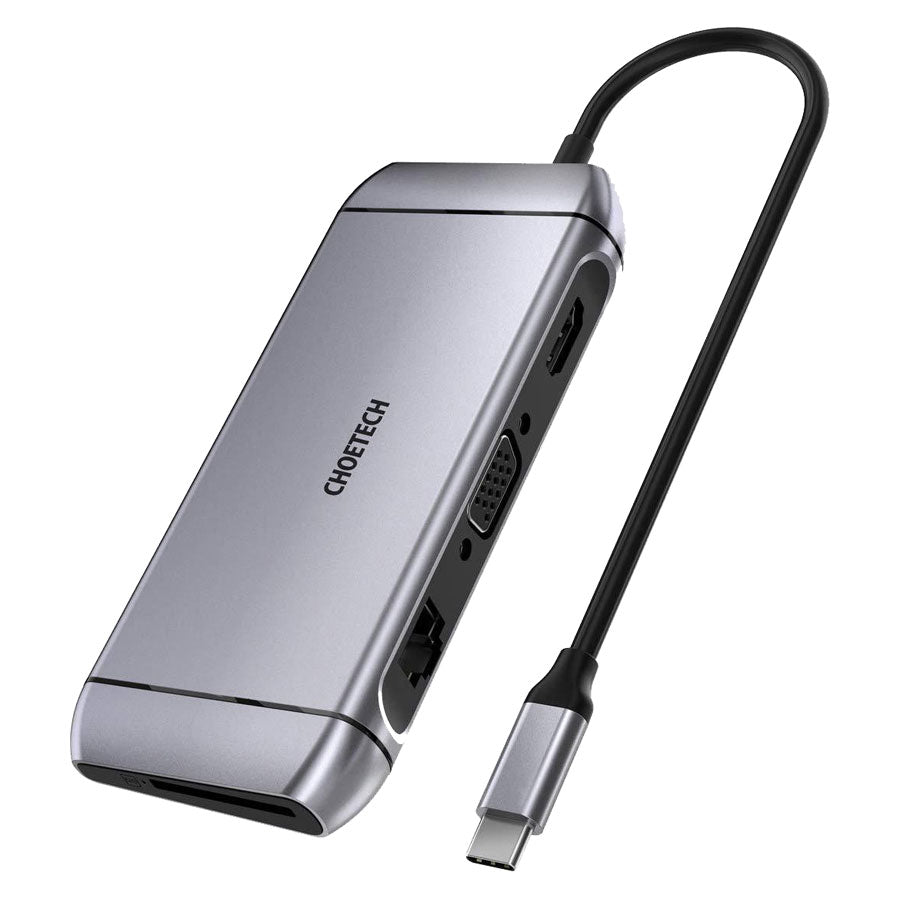 Choetech 9-i-1 4K HDMI, 100W PD og USB 3.0 USB-C Hub, Grå - HjemTek